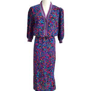 VTG 60s Brenner Skirt Set Womens 5/6 Ditsy Floral Artsy Colofrul Retro Secretary